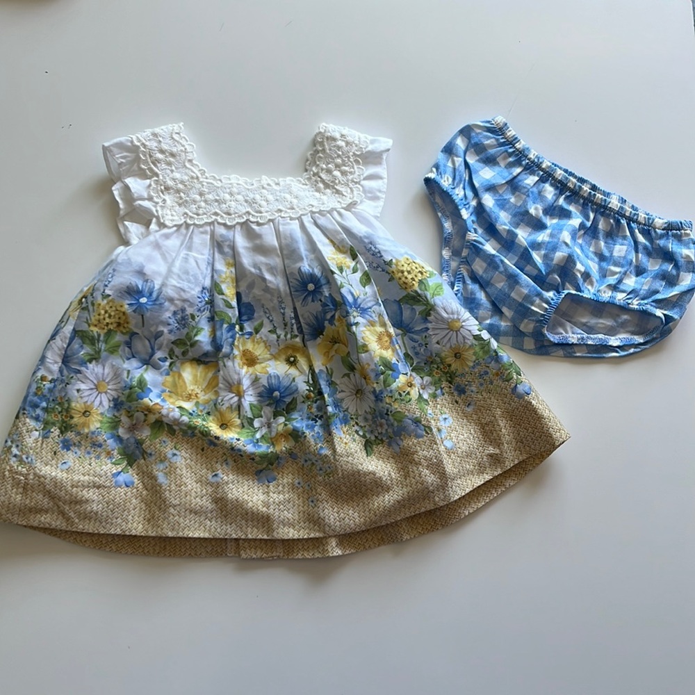 Blue and Yellow Floral Mayoral Baby Dress, 3 months.